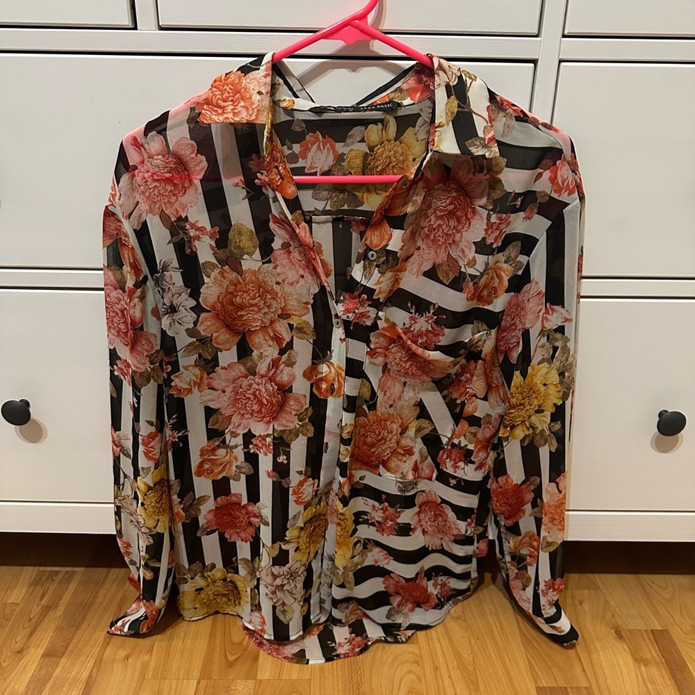 Zara Basic Black and Orange Floral Blouse